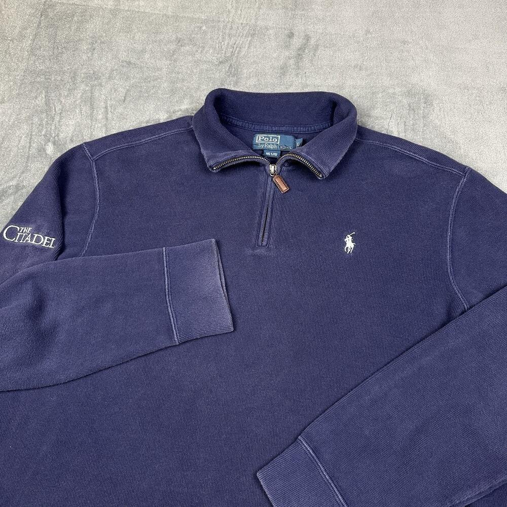 VTG Polo Ralph Lauren 1/4 Zip Mens Large Blue Citadel Embroidered Pullover